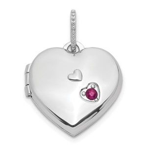 925 Sterling Silver  Lab Created Red Ruby (July Birthstone) 15mm Heart Locket